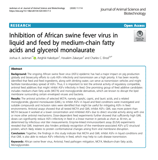 New Research Shows Glycerol Monolaurate Effective Antiviral Feed Mitigant